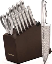 Knife Set, 15-Piece Kitchen Knife Set with Block Wooden German Stainless Steel