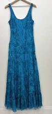 Jones Wear Dress 14 Sleeveless Maxi Sheer Lined Tiered Blue Paisley Fairy Whimsy