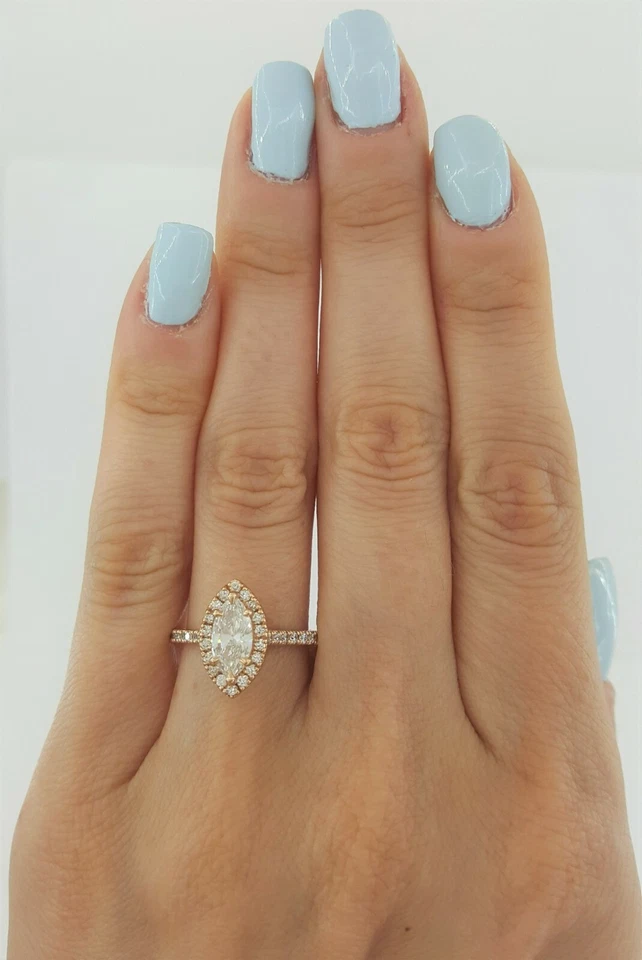 Anillo de compromiso con halo de diamantes talla marquesa de oro rosa de 14 quilates de 1,08 quilates G/SI2 Rtl $6 k Foto 2 de 4