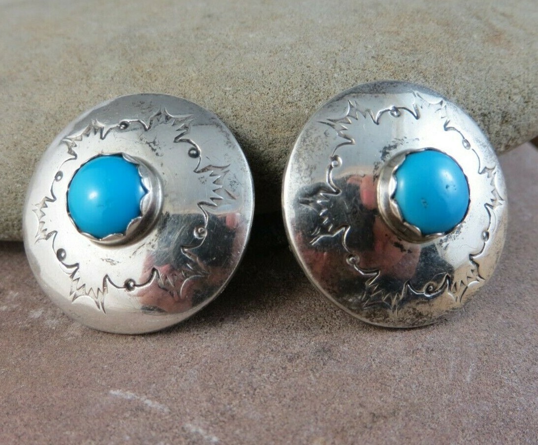 Hand Tooled Vintage Native American Navajo Sterling Silver Round Concho Earrings Hand Tooled Vintage Native American Navajo Sterling Silver Round Concho Earrings