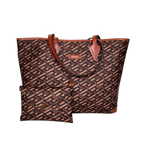 NEW $995 VERSACE RUNWAY Caramel LA GRECA Signature MEDIUM TOTE BAG w/ POUCH NWT - Picture 4 of 24