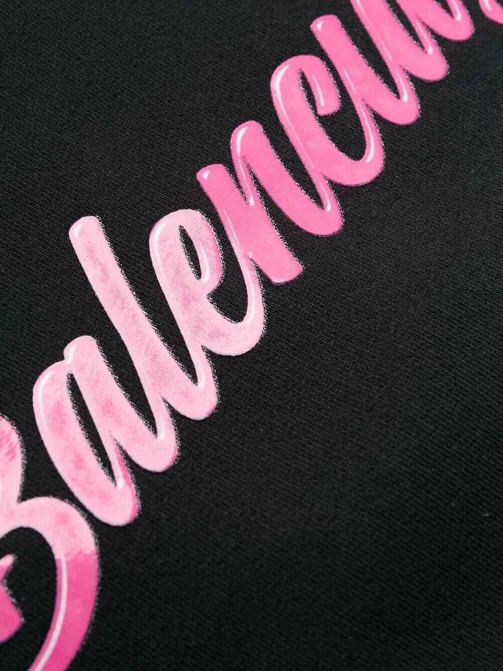 Felpa con cappuccio Balenciaga con schienale lucido tirata nero rosa logo stampato pile spazzolato uomo