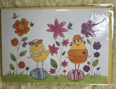 Papyrus Easter Card Anne Keenan Higgins  Line Drawing Lady Chicks Flowers Eggs