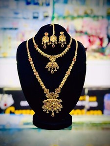 Authentic Indian Bollywood South Indian Temple Gold Plated Bridal Necklace Jewelry Set