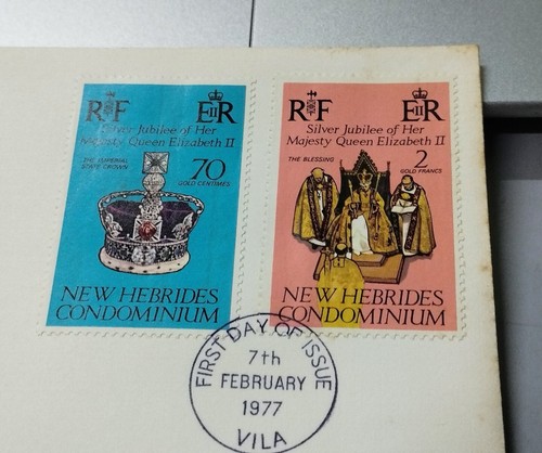 UK 1977 NEW HEBRIDES Queen Elizabeth II QE2 Coronation Silver Jubilee Stamp FDC - Picture 4 of 7
