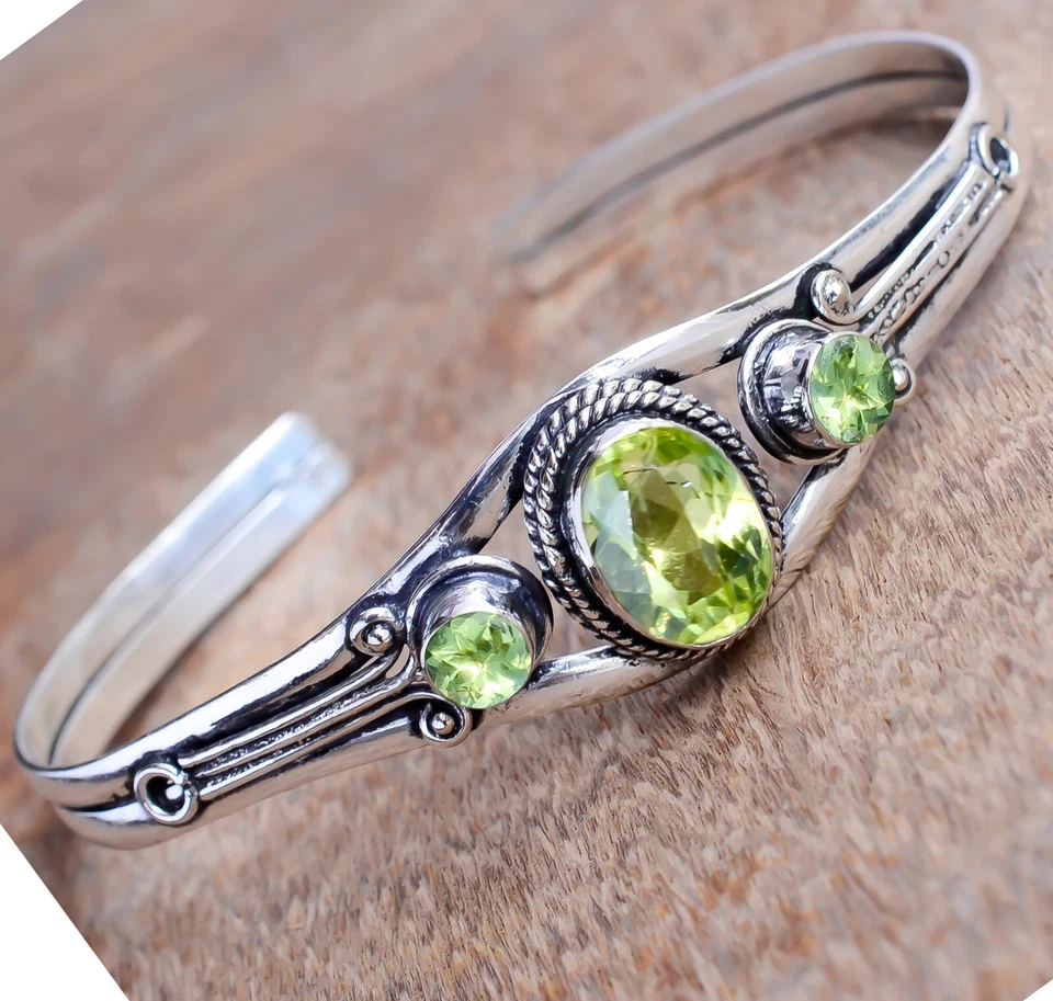 Faceted Peridot Gemstone Bracelet 925 Sterling Silver Handmade Gifted Man's Cuff - Image 4 of 4