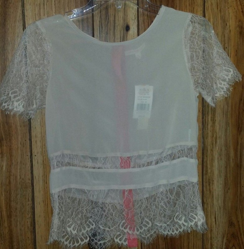 *MARGO & SEBASTIAN Short Sleeve Taupe Lace Trim Blouse, Size XS