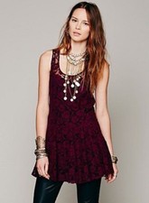 New Free People One Emily Floral Lace Ruffle Slip Mini Dress Sz S Dark Red