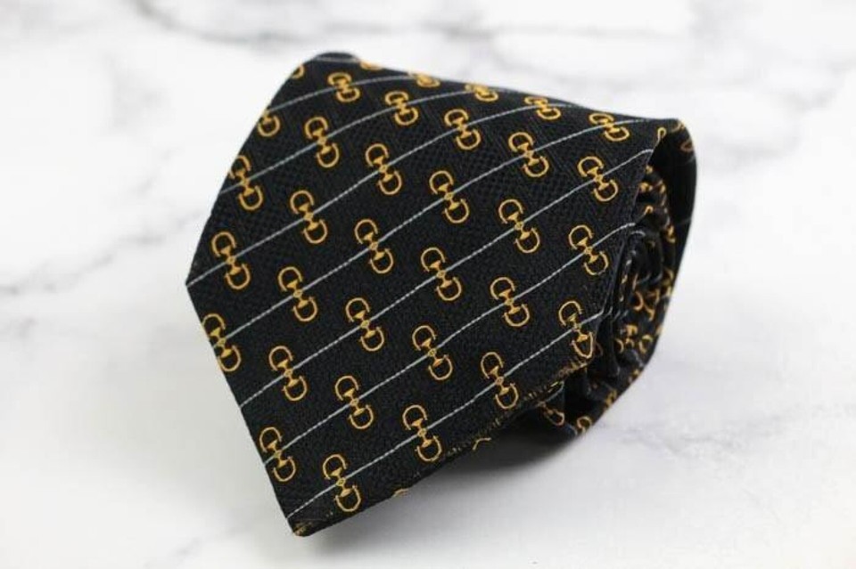 Gucci Necktie Tie Silk Black HorseGear Polka Dots Pattern Tip 3.3Inch