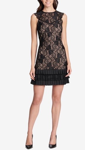 $130 Kensie Women's Black Pleated Ruffled-Hem Lace A-Line Dress Size 6 - Picture 2 of 4