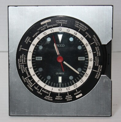 Vintage Picco PQZ101S Brushed Aluminum Quartz World Time Desk Clock Working