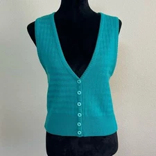 LUX top women medium sleeveless button down vneck sweater vest green