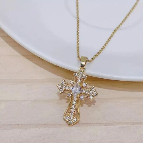 Women Luxury 14K Gold Plated Rhinestone Crystal Cross Pendant Necklace Charm New - Picture 4 of 5