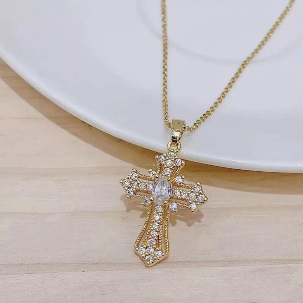 Alternate view of Women Luxury 14k Gold Plated Rhinestone Crystal Cross Pendant Necklace Charm New