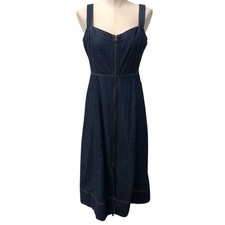GAP Denim Midi Dress Womens S Petite Dark Blue Zip Front Fit Flare Cotton Tencel