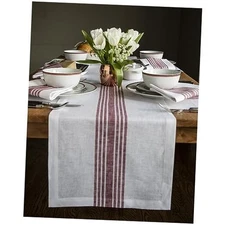  Linen Table Runner 60 Inches - 100% Pure Linen 14 x 60 Inch Burgundy & White