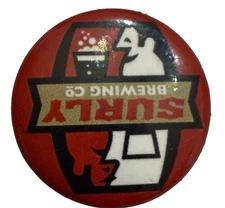Surly Brewing Company Red White & Black Lettering & Men with Beer Glasses Pin