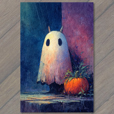STICKER Horned Ghost Standing Beside Pumpkin Under Rainy Halloween Night