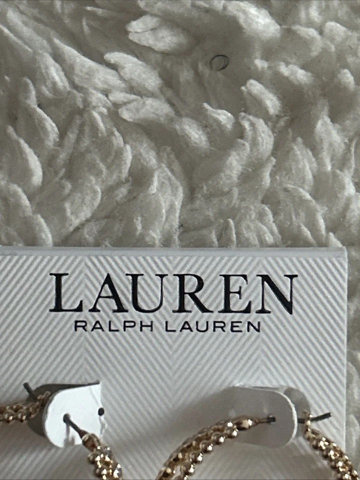 Lauren Ralph Gold Tone Metal Bead Double Hoop Earrings Round Crystal Accent - Image 2 of 4