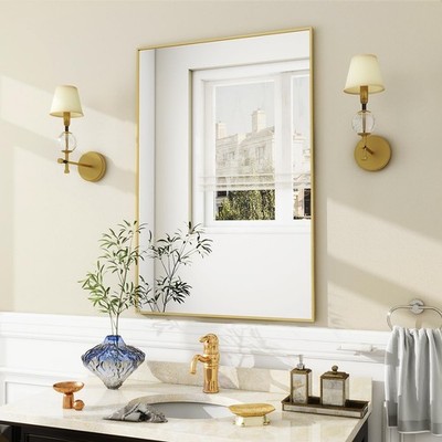 Gold Bathroom Wall Mirror - 24 x 36 Rectangular Mirror with Metal Frame, Hang...