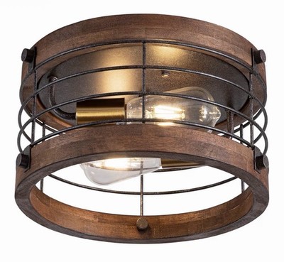 Farmhouse Flush Mount Ceiling Light, 12.6 Inch 2-Light Metal and Wood Brown01
