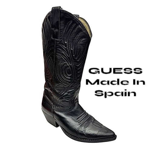 GUESS Women's Western Cowboy Boots Black Leather Pull On Size 6.5 M Pre-Owned - Picture 1 of 10