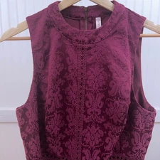 Xhilaration Maroon Tiered Mini Dress | Sleeveless Floral Jacquard Eyelet Y2K