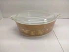 Vintage PYREX Early American 1 Pt. Covered Casserole, Gold on Brown, ca. 1962-71
