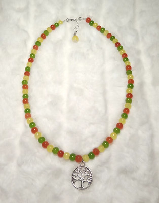 DAINTY STAINLESS & GLASS MULTICOLOR BEADED NECKLACE W/ TREE OF LIFE CHARM