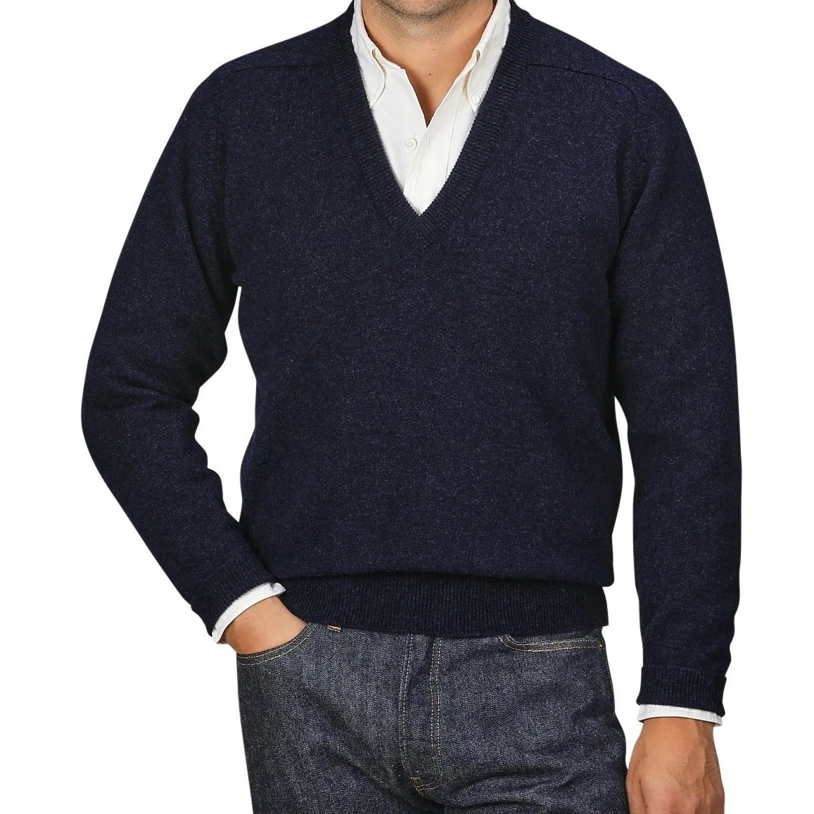 Huntington Lambswool Virgin 100% Wool V-Neck Sweater Men M Navy Knit Vintage