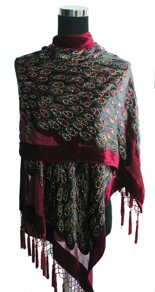 Deslumbrante envoltório xale oblongo feito à mão com miçangas 100% seda veludo PAVÃO, Borgonha - Imagem 3 de 3