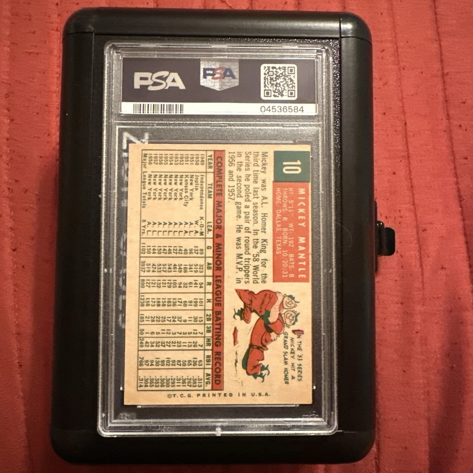 Tarjeta de béisbol 1959 Topps Mickey Mantle #10 PSA 8 grados Foto 2 de 3
