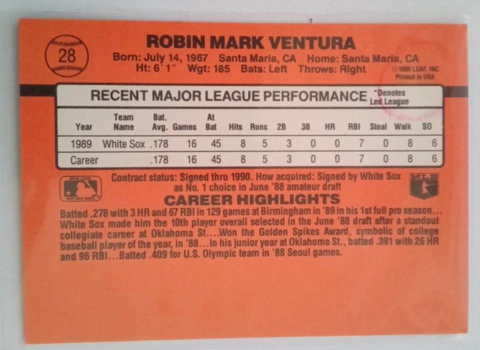 1990 DONRUSS РОБИН ВЕНТУРА ОШИБКА БЕЗ ТОЧКИ ПОСЛЕ INC ДЕБЮТАНТ КАРТА #28 БЕЛЫЙ SOX - Изображение 2 из 4