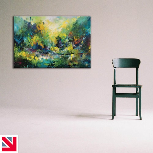 PINTURA DE PAISAJE ABSTRACTO LIENZO AZUL VERDE Arte de pared Impresión de imagen - Imagen 2 de 3