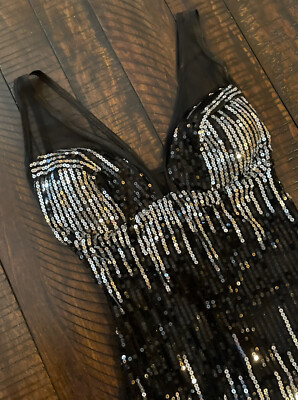 ark & co sequin dress Ark & Co Sequin Bodycon Dress Women's Small Black Tan Stretch 20s Art Decco NWT