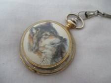 American Pride Pocket Watch Gold Toned Wolf Face Cover w/ Chain