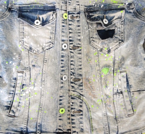 Giacca nuova Smoke Rise Denim Co lavaggio acido neon vernice riflettente schizzi M Medium - Foto 2 di 12