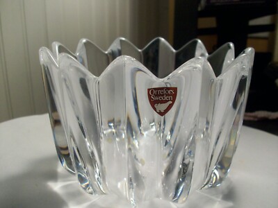 Elegant Orrefors Sweden crystal glass dish bowl etched signature on bottom NEW