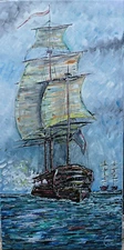 Boat painting WOODEN WARSHIP cannon Tall Ship 10x20 Pirate art original Crowell 