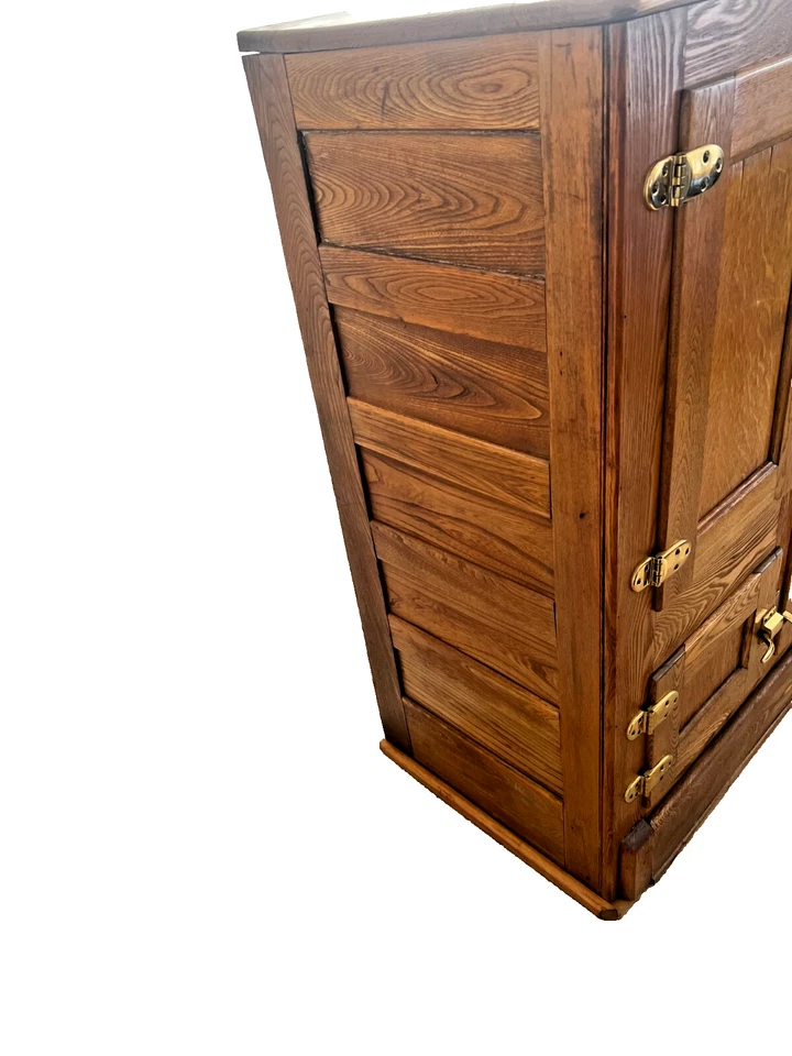 Antigua caja de hielo tres armarios de almacenamiento roble latón cuatro estantes años 20 Foto 3 de 4