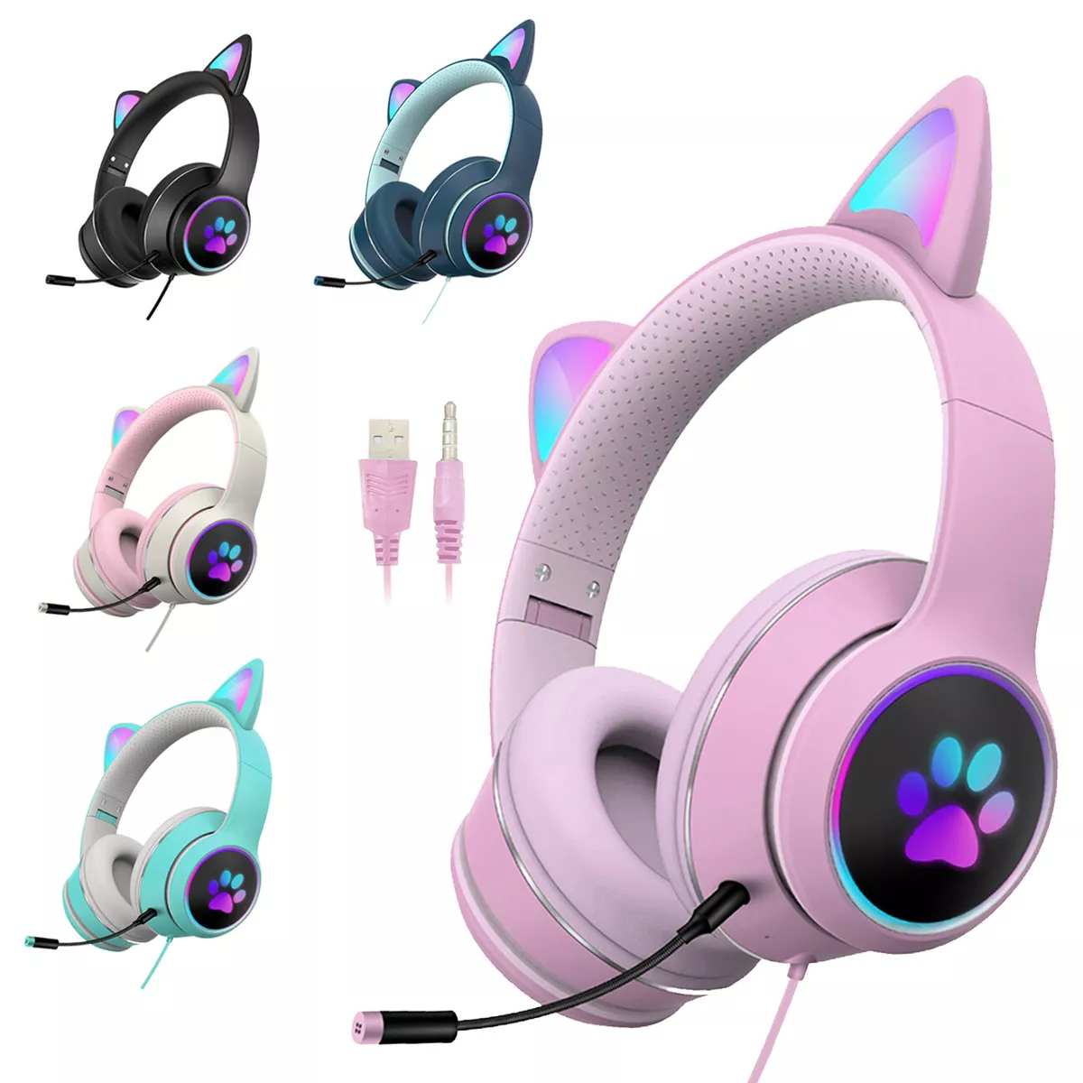 Cat Ear Headset Headphones LED Gaming Wired with Microphone Adult