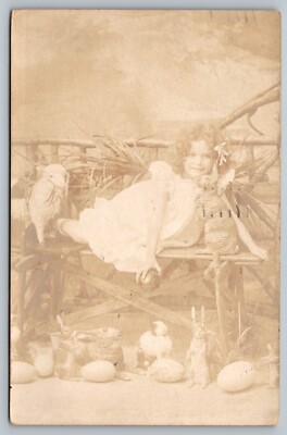 Postcard Easter Rabbit Studio Photo Bunnies Little Girl Lamp Egg Real Photo RPPC