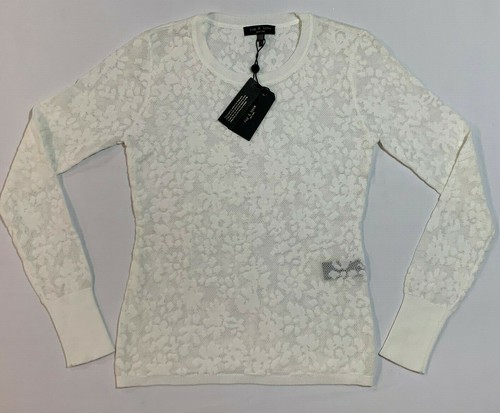WOMENS XXS RAG & BONE WHITE PERRY CREW LS SEMI-SHEER CROCHETED FLORAL SHIRT - Picture 2 of 9