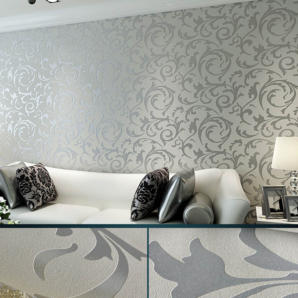 Modern Damask Texture Wallpaper Roll Sliver Gloss Living Room Bedroom