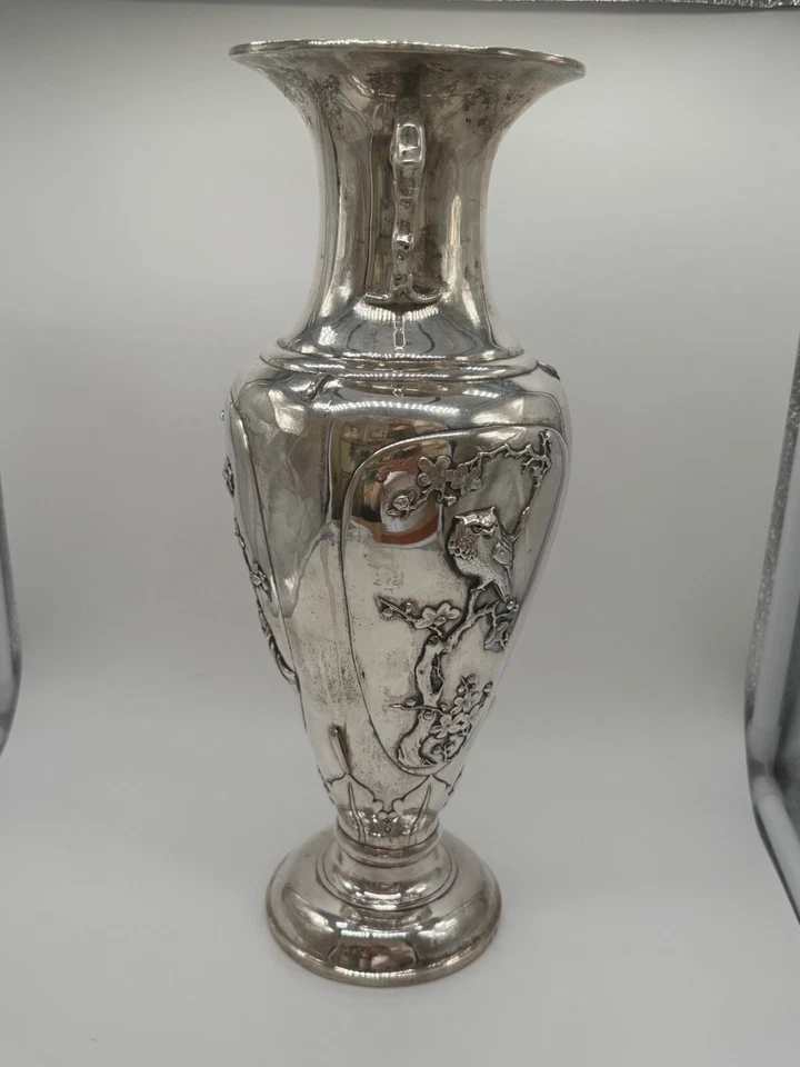Jarrón grande de plata de exportación china Pao Kuang con aves búho y floral era de diciembre de 1830-1860 Foto 4 de 4