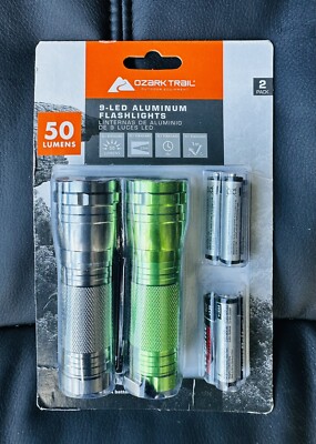 Ozark Trail Outdoor Equipment 9 LED Aluminum Flashlight 50 Lumens 2 Pack Camping