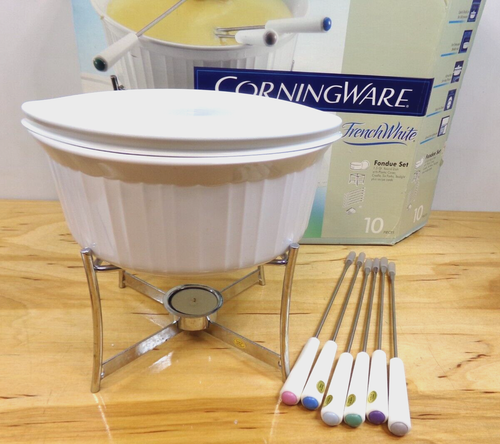 Corning Ware French White 10 Piece 1 1/2 Quart w Cover Fondue Set New Open Box