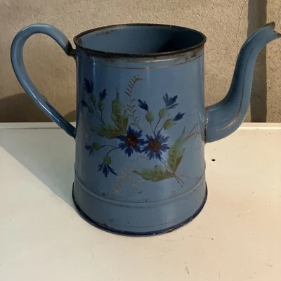 cafetière émaillée ancienne ,bleu, décor de fleurs - Photo 1/4