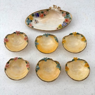 Rare Vintage Clam Shell Salt Cellar Set 1950s Shabby Decor Cottagecore Coastal