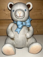 VTG Schmid 1982 Teddy Bear Music Box Rotating Ceramic Tune Blue Bow